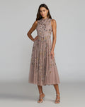 Petite Beige Embellished High Neck Sleeveless Midi Dress Designer Collection