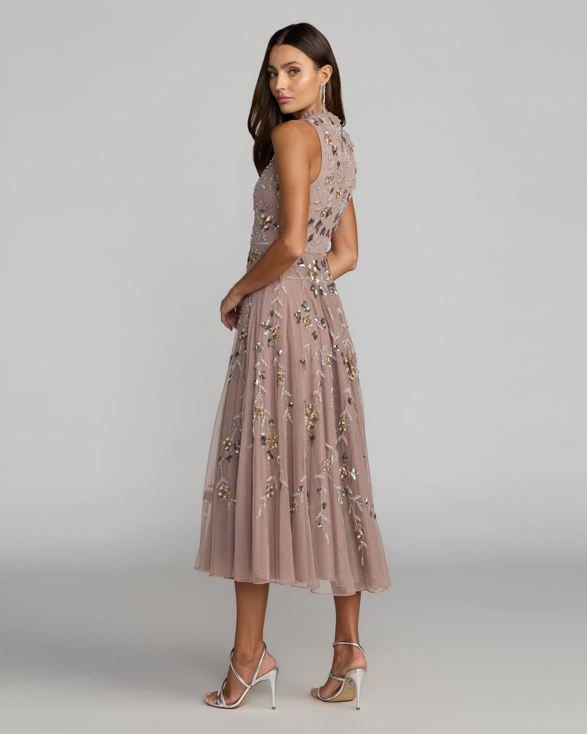 Petite Beige Embellished High Neck Sleeveless Midi Dress Designer Collection
