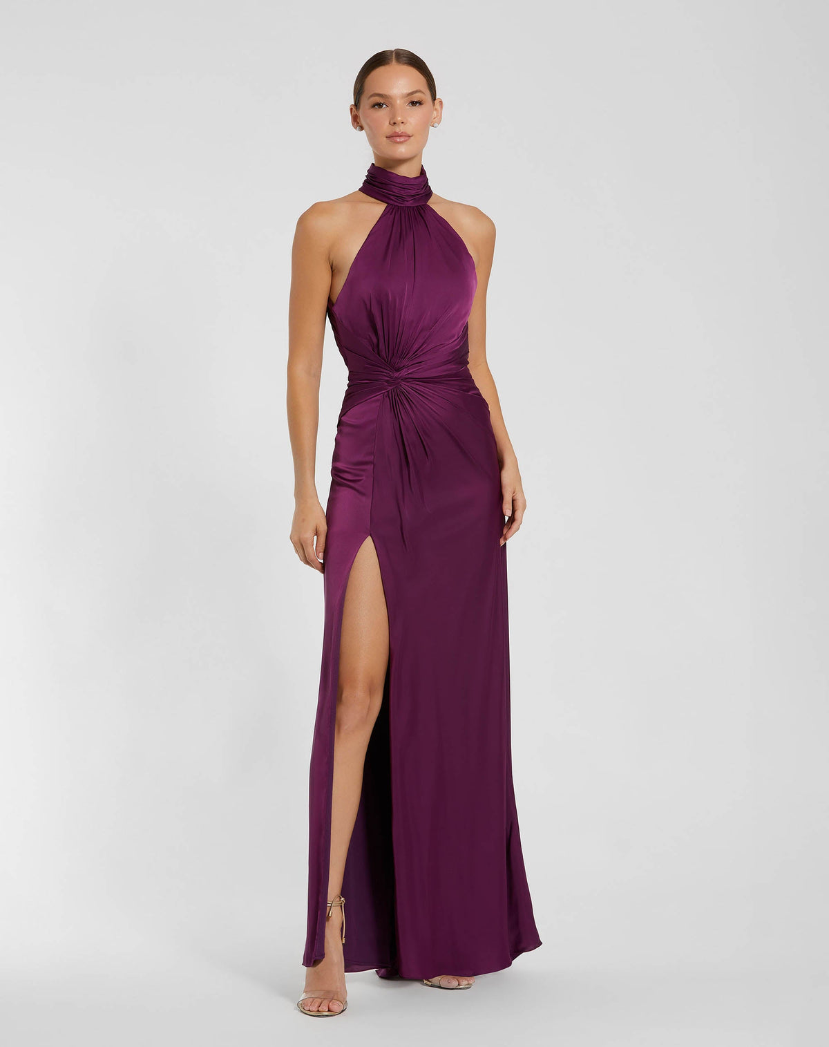 Petite Purple Sleeveless Open Back Satin Gown - Contemporary Collection