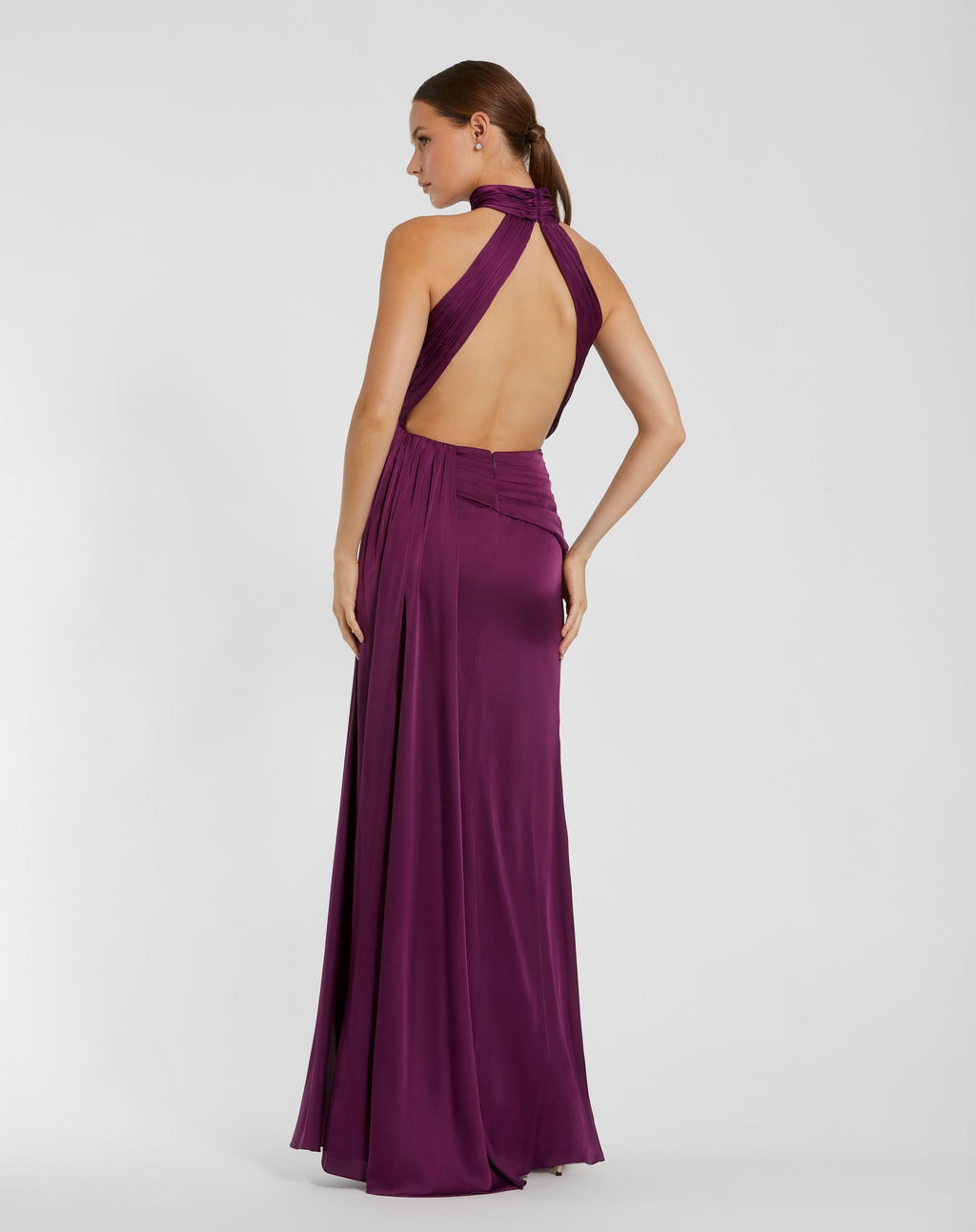 Petite Purple Sleeveless Open Back Satin Gown - Contemporary Collection