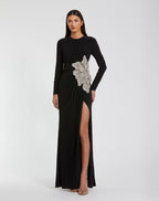 Petite Black Long Sleeve Jersey Gown With Embellished Flower - Designer Collection
