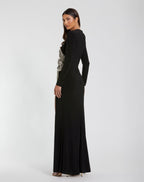 Petite Black Long Sleeve Jersey Gown With Embellished Flower - Designer Collection