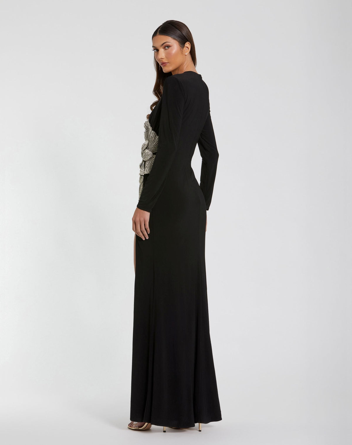 Petite Black Long Sleeve Jersey Gown With Embellished Flower - Designer Collection