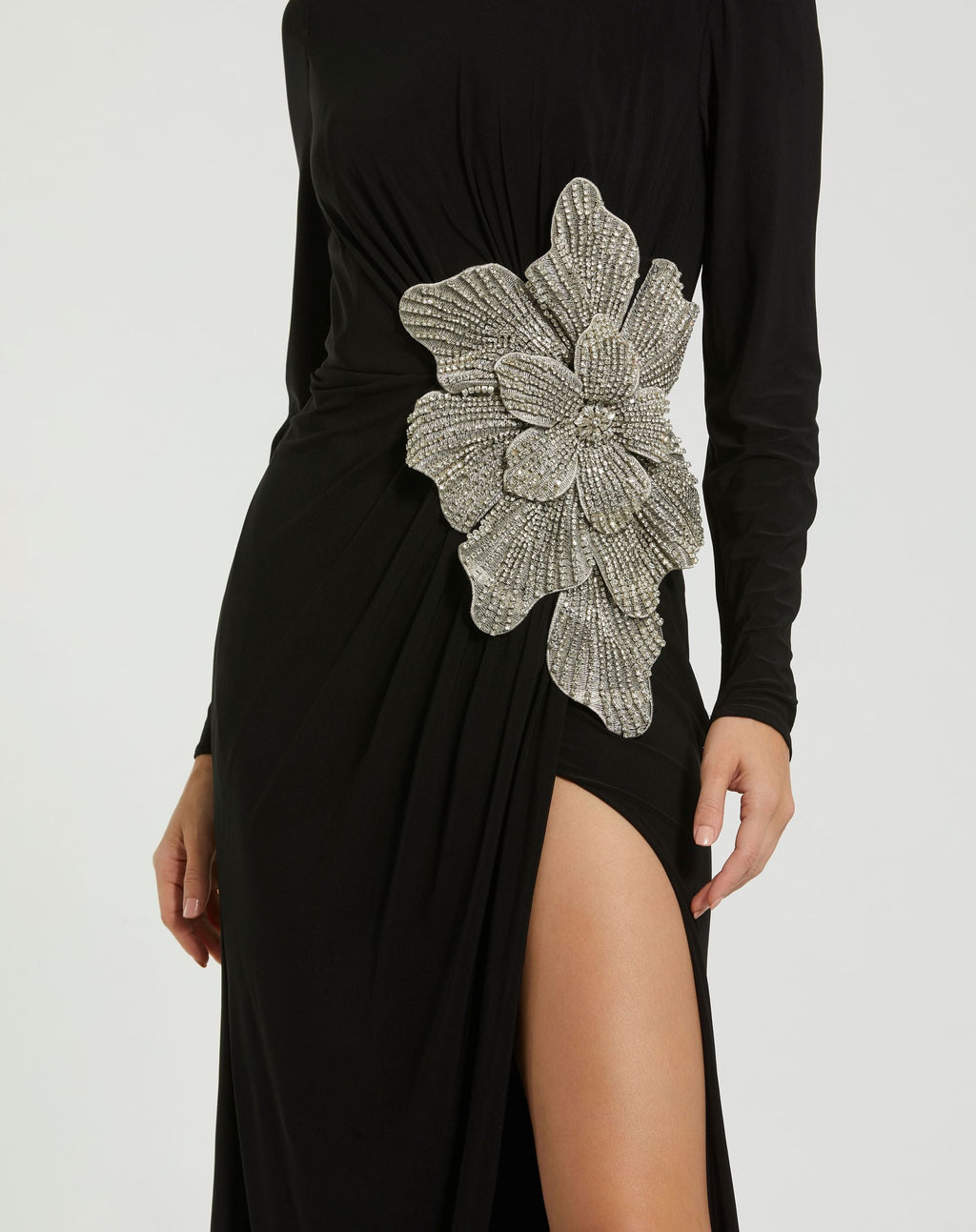 Petite Black Long Sleeve Jersey Gown With Embellished Flower - Designer Collection