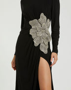 Petite Black Long Sleeve Jersey Gown With Embellished Flower - Designer Collection