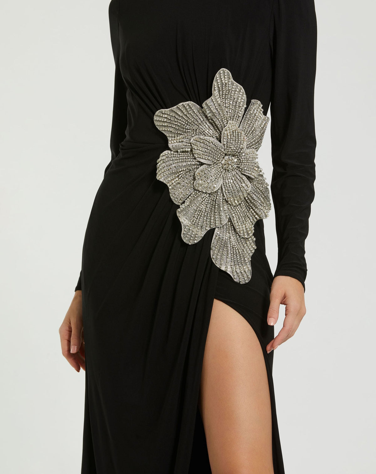 Petite Black Long Sleeve Jersey Gown With Embellished Flower - Designer Collection