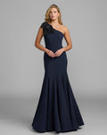 Petite Navy Crepe One Shoulder Gown With Crystal Flower - Designer Collection