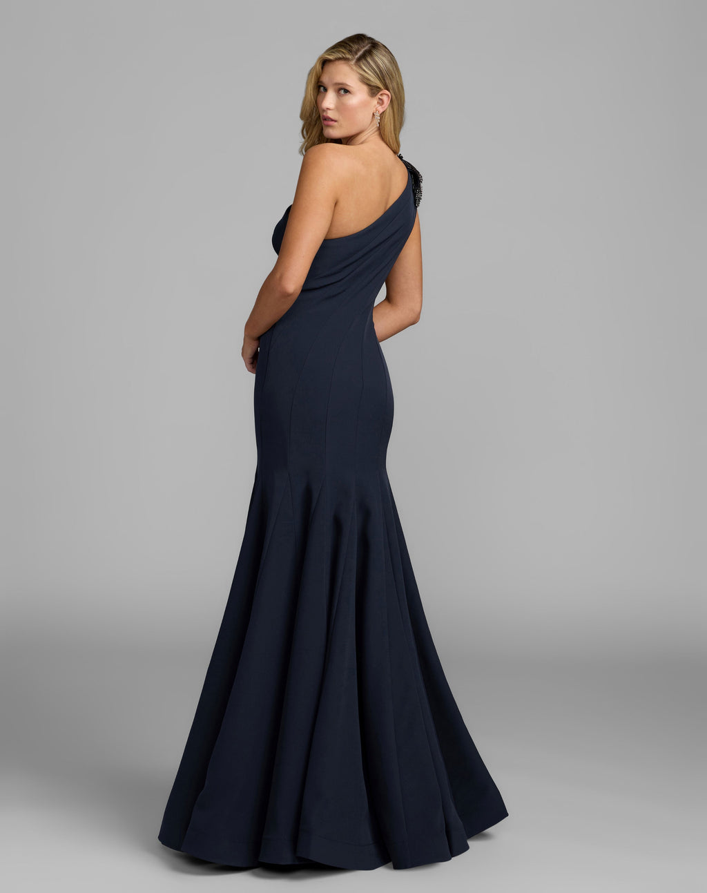 Petite Navy Crepe One Shoulder Gown With Crystal Flower - Designer Collection