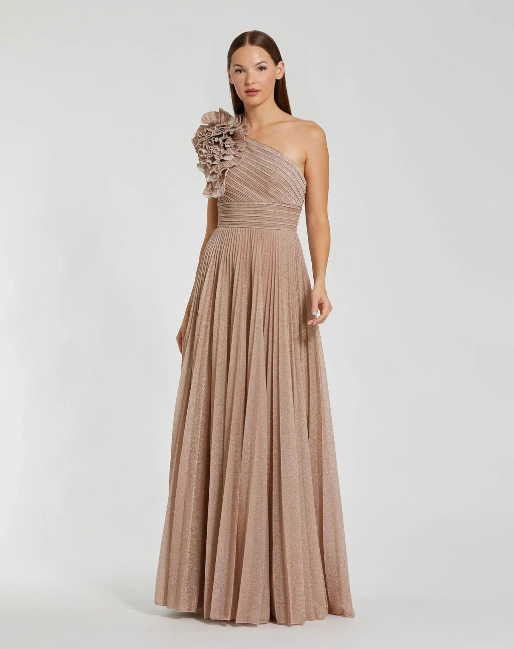 Pink Petite Pleated Metallic One Shoulder Gown With Ruffle Designer Collection