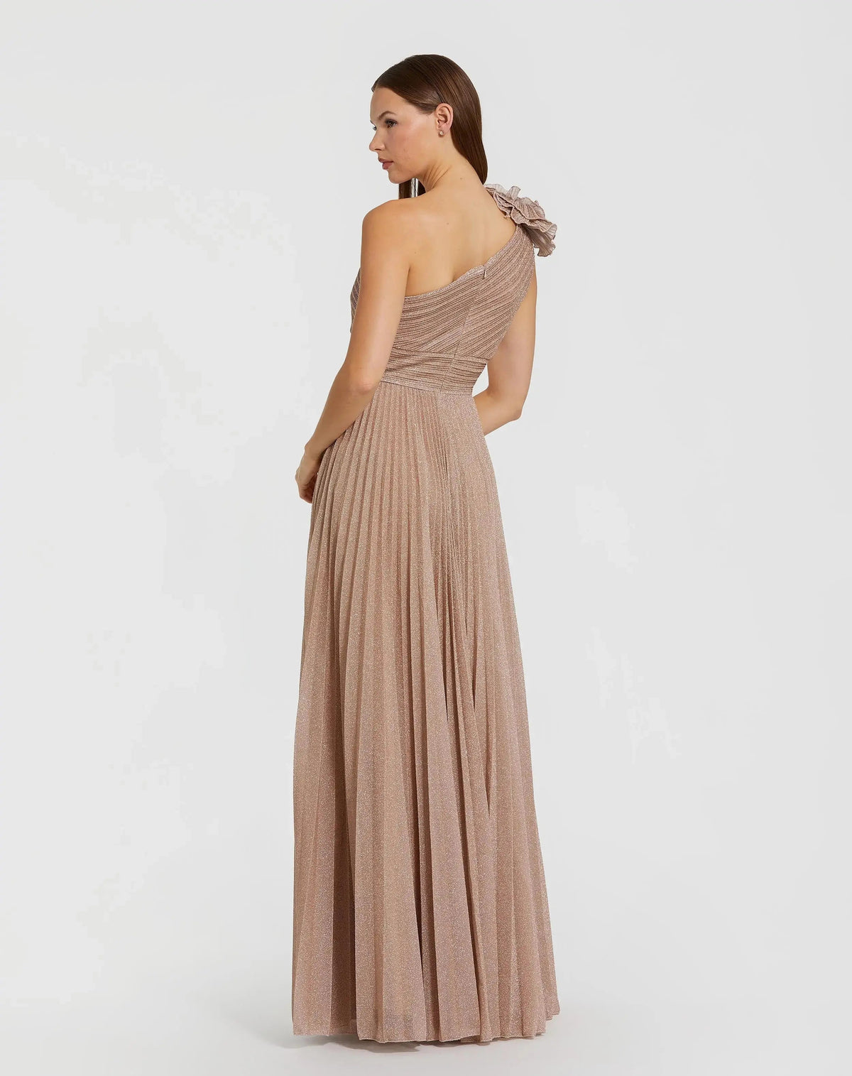 Pink Petite Pleated Metallic One Shoulder Gown With Ruffle Designer Collection