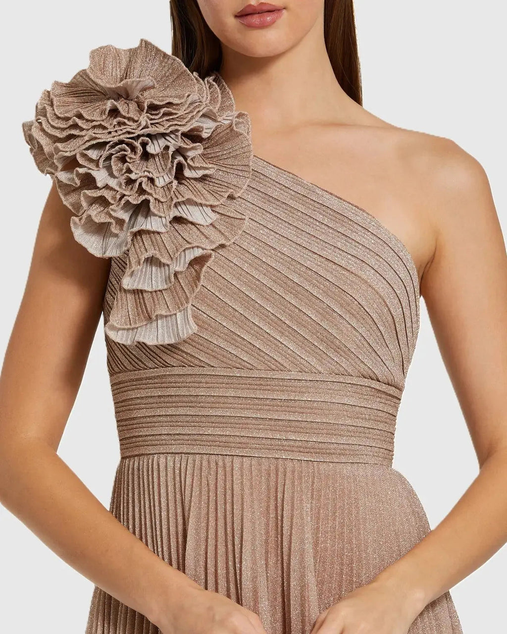 Pink Petite Pleated Metallic One Shoulder Gown With Ruffle Designer Collection