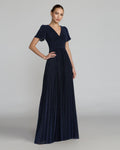 Petite Navy Pleated Metallic Flutter Sleeve A Line Gown Contemporary Collection