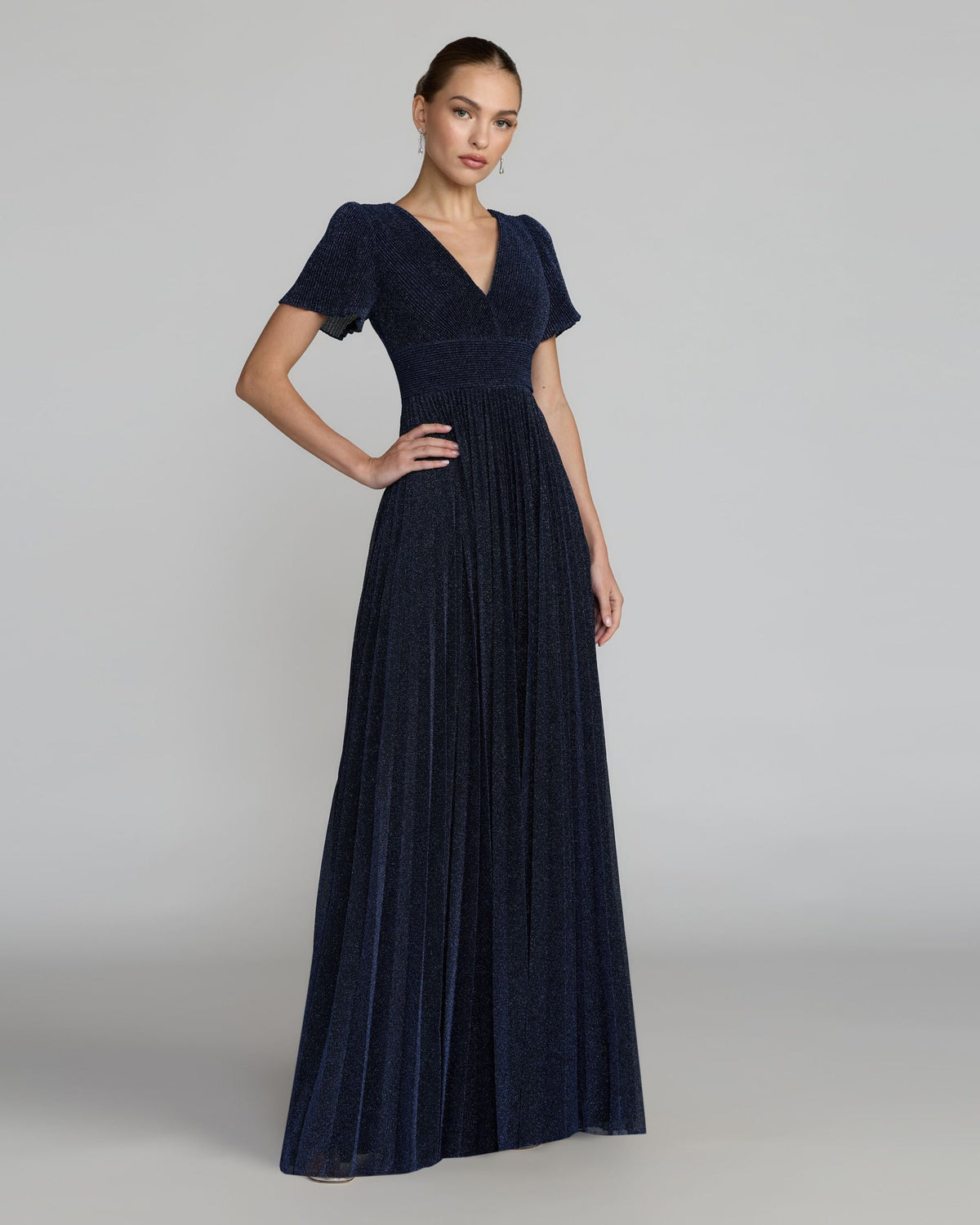 Petite Navy Pleated Metallic Flutter Sleeve A Line Gown Contemporary Collection