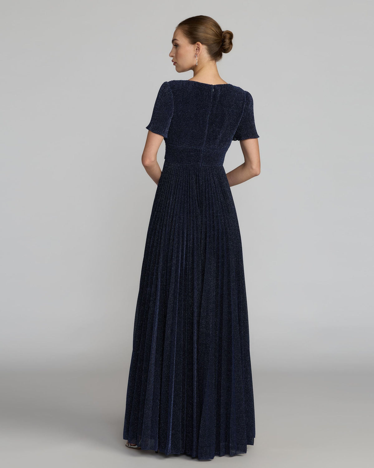 Petite Navy Pleated Metallic Flutter Sleeve A Line Gown Contemporary Collection