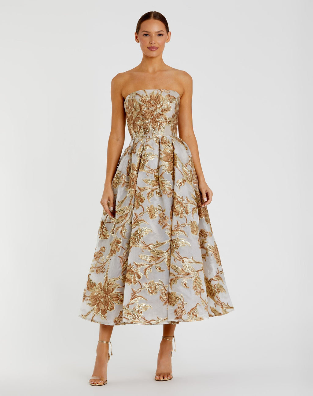 Petite Gold Strapless Brocade Midi Dress with Pockets - Designer Collection