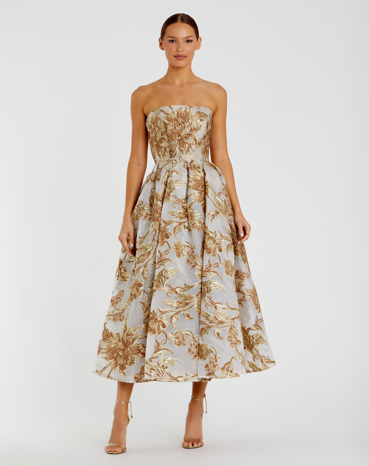 Petite Gold Strapless Brocade Midi Dress with Pockets - Designer Collection