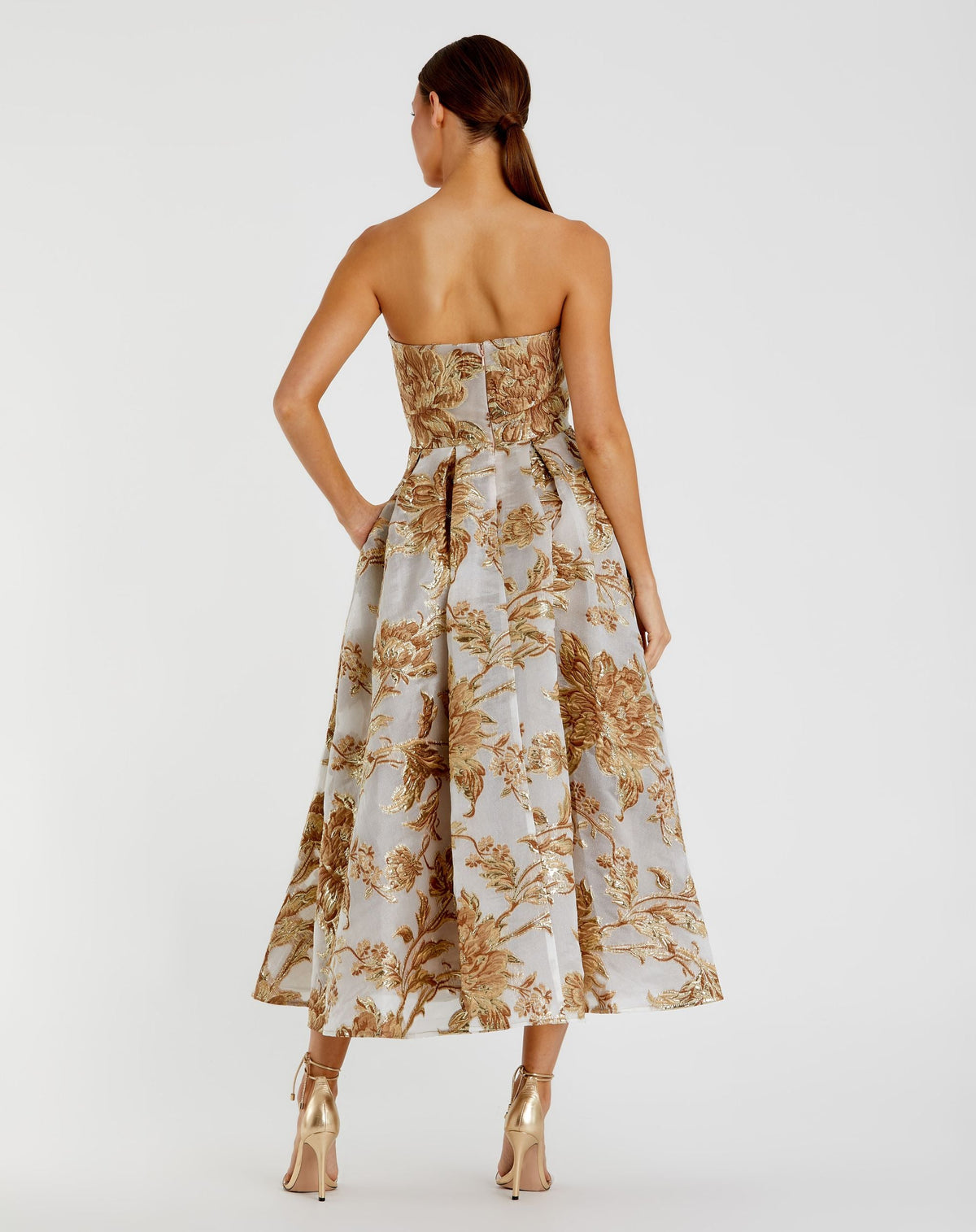 Petite Gold Strapless Brocade Midi Dress with Pockets - Designer Collection