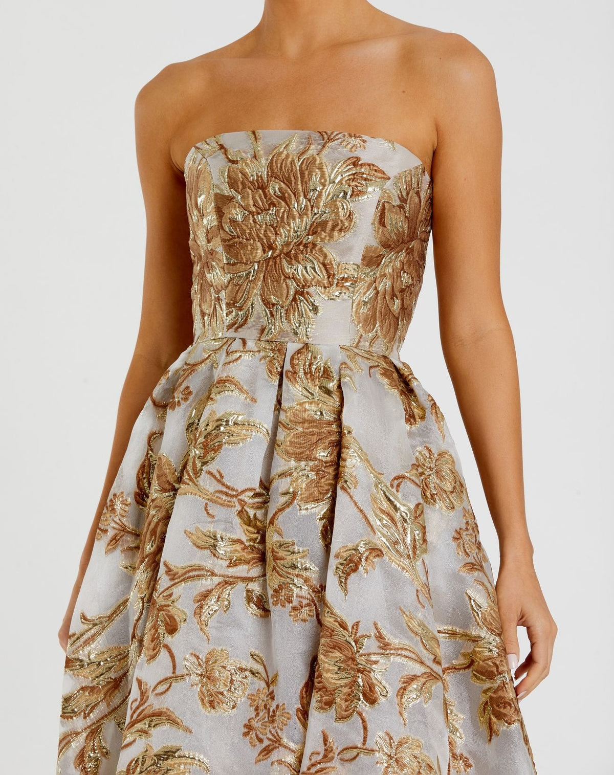 Petite Gold Strapless Brocade Midi Dress with Pockets - Designer Collection