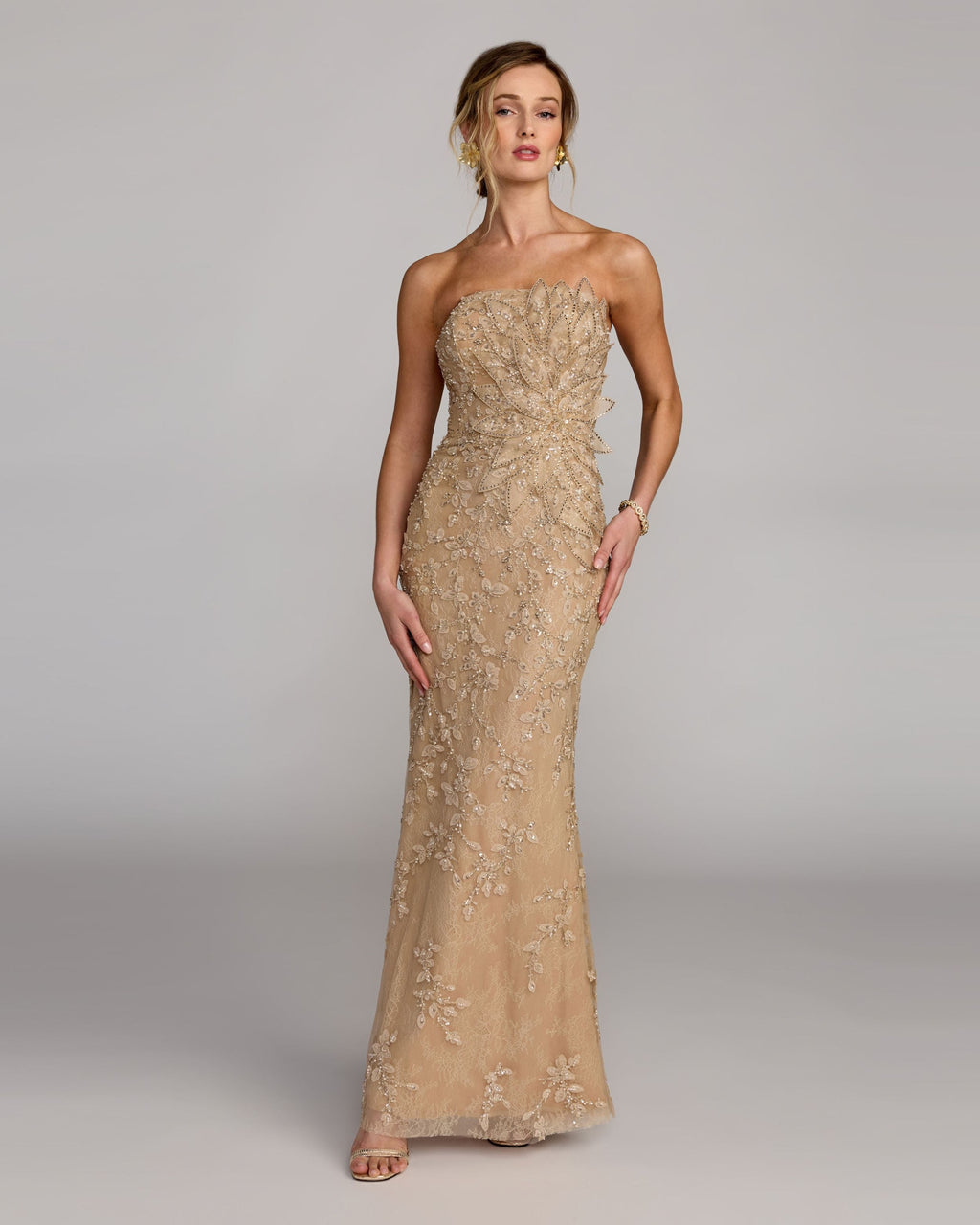 Petite Beige Strapless Embellished Lace Gown with 3D Flower Designer Collection