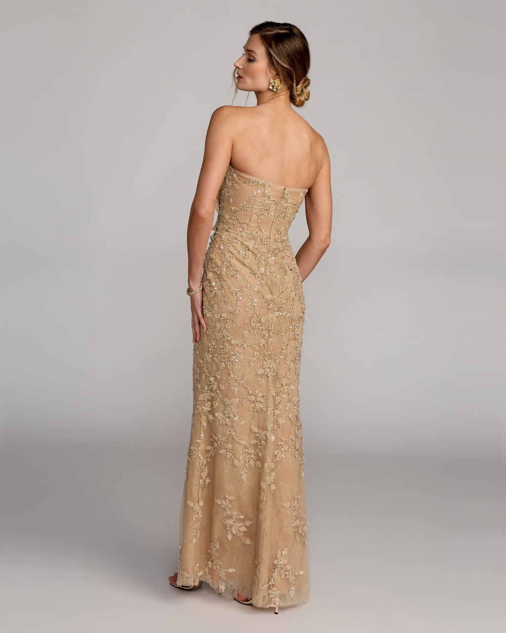 Petite Beige Strapless Embellished Lace Gown with 3D Flower Designer Collection