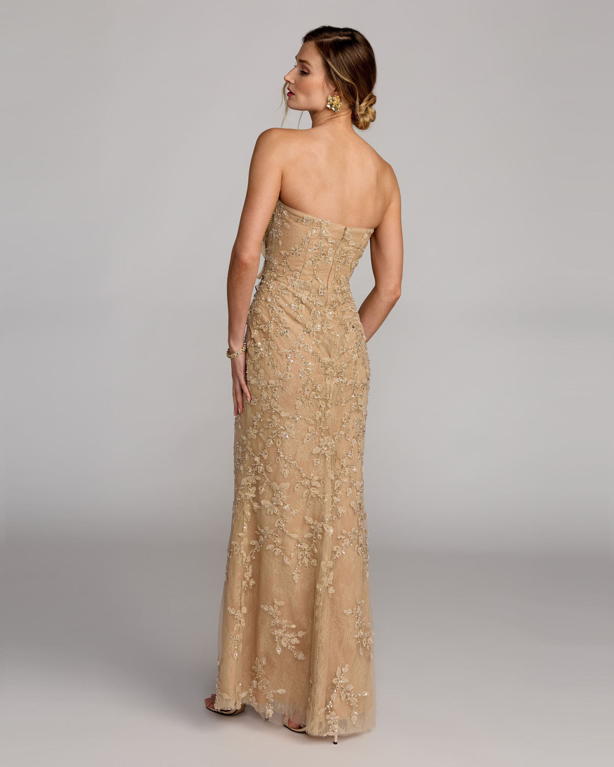 Petite Beige Strapless Embellished Lace Gown with 3D Flower Designer Collection