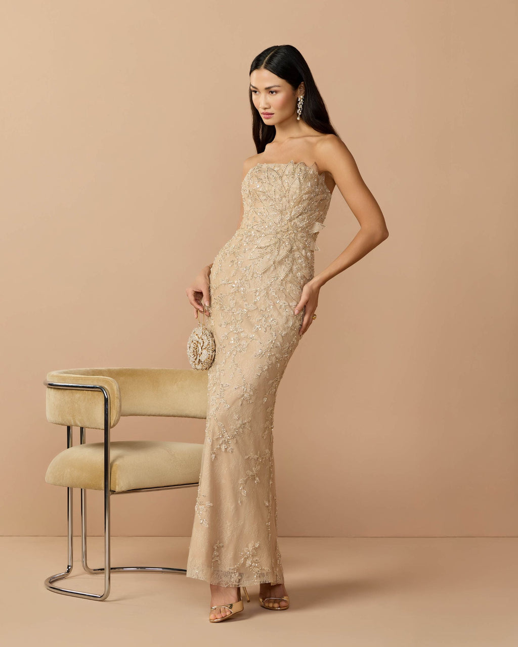 Petite Beige Strapless Embellished Lace Gown with 3D Flower Designer Collection