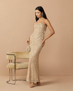 Petite Beige Strapless Embellished Lace Gown with 3D Flower Designer Collection