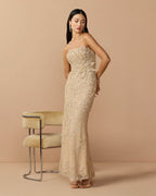 Petite Beige Strapless Embellished Lace Gown with 3D Flower Designer Collection