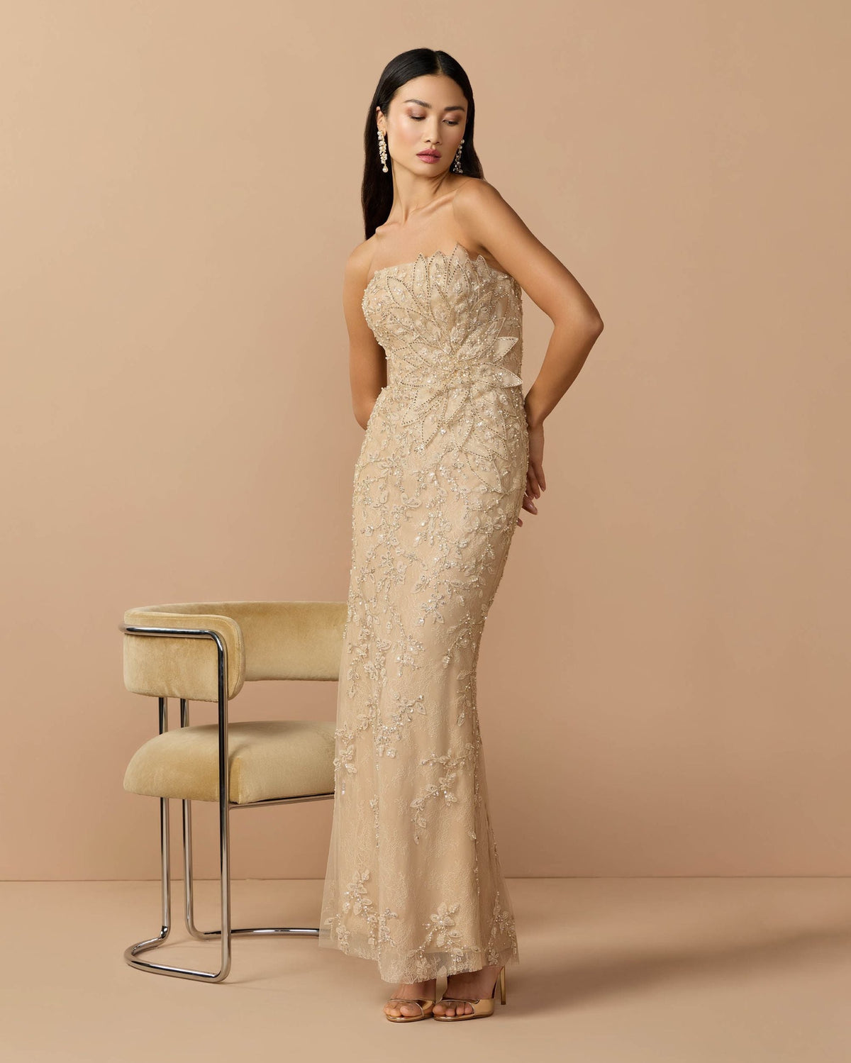 Petite Beige Strapless Embellished Lace Gown with 3D Flower Designer Collection