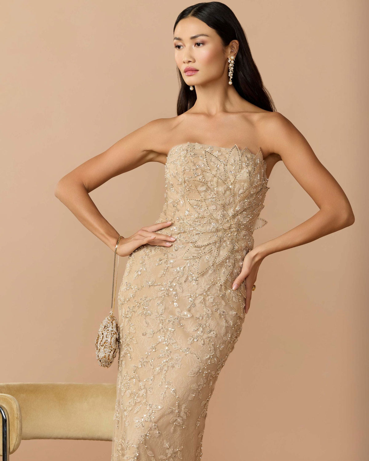 Petite Beige Strapless Embellished Lace Gown with 3D Flower Designer Collection
