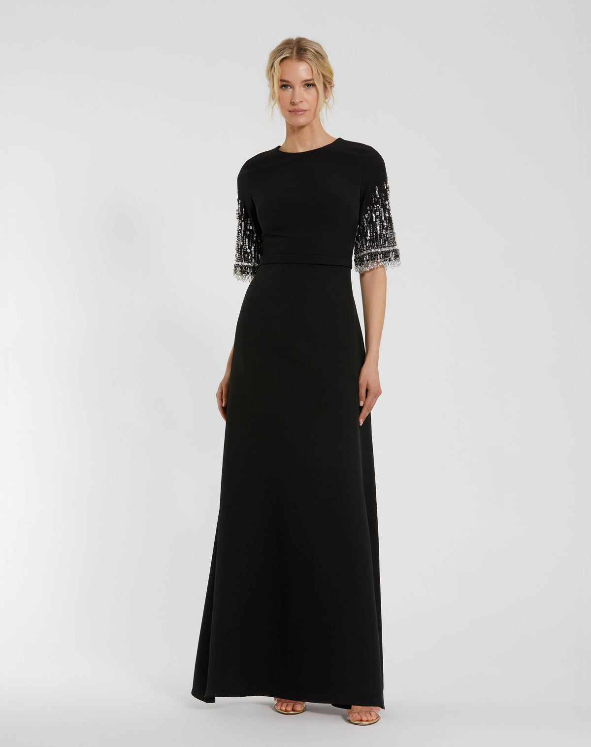 Petite Black Crepe A Line Gown With Beaded 3/4 Sleeves Designer Collection