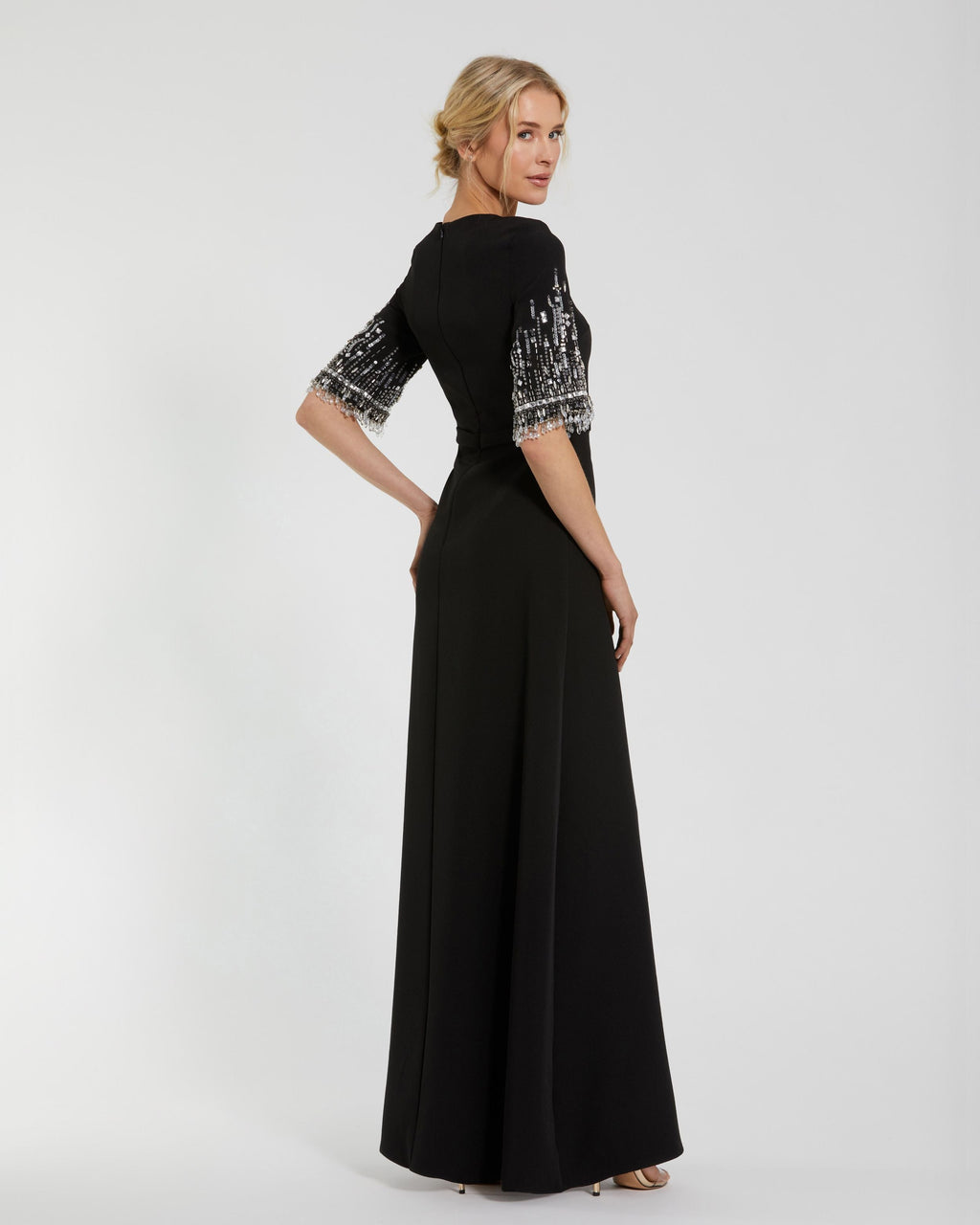 Petite Black Crepe A Line Gown With Beaded 3/4 Sleeves Designer Collection