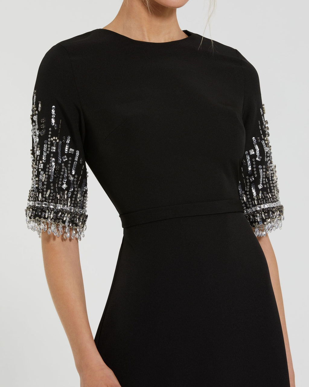 Petite Black Crepe A Line Gown With Beaded 3/4 Sleeves Designer Collection