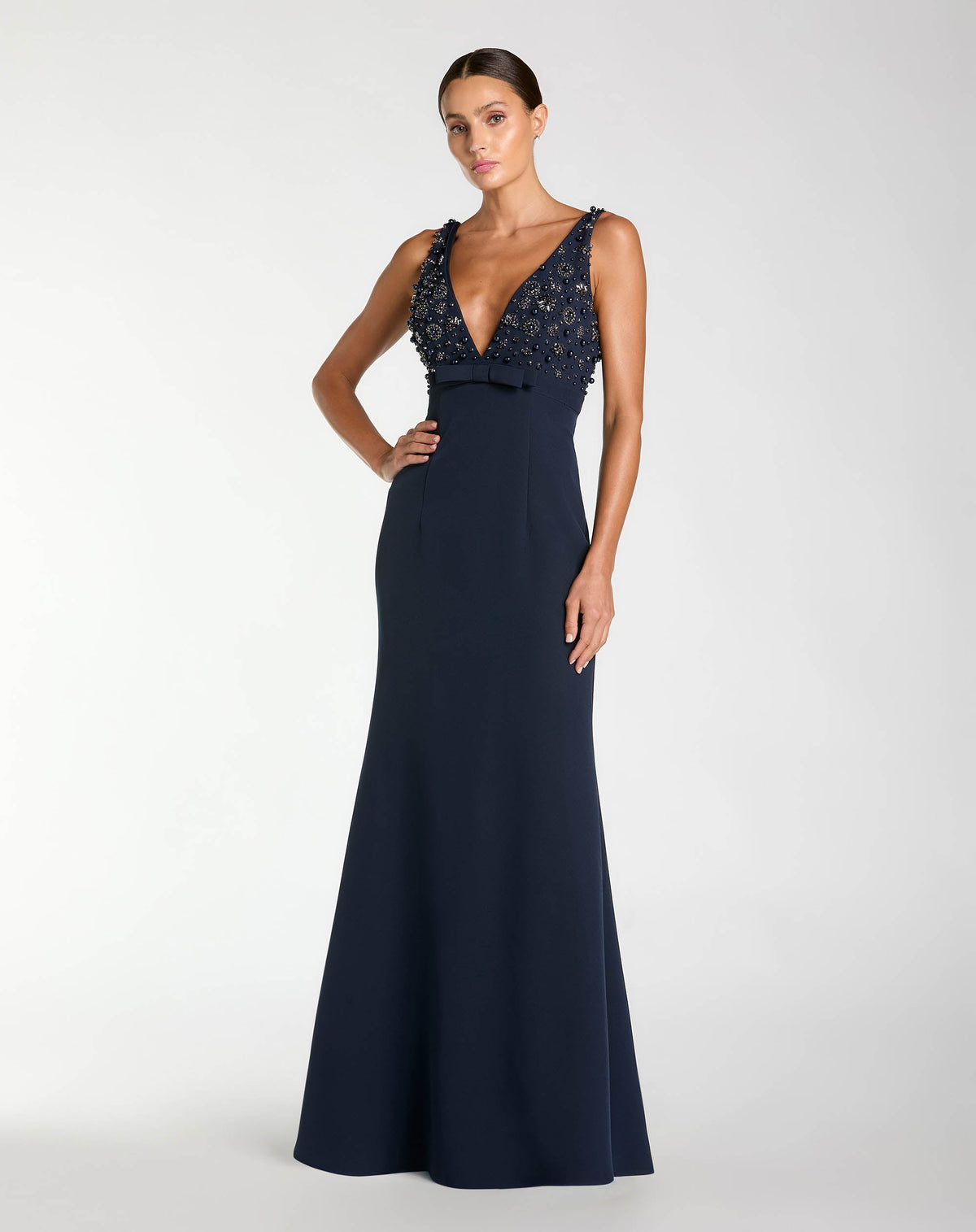 Petite Navy Sleeveless Embellished Crepe Gown With Bow - Contemporary Collection