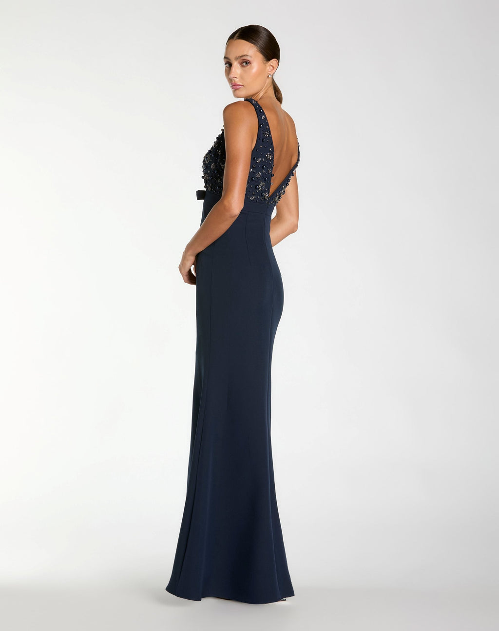 Petite Navy Sleeveless Embellished Crepe Gown With Bow - Contemporary Collection