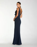 Petite Navy Sleeveless Embellished Crepe Gown With Bow - Contemporary Collection
