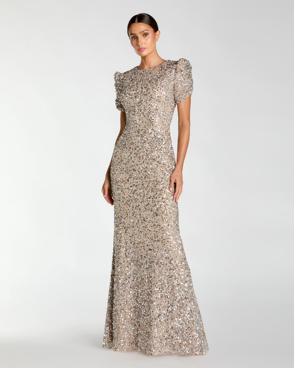 Petite Beige Sequin Trumpet Gown with Puff Sleeves Designer Collection
