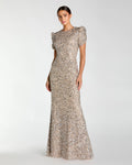 Petite Beige Sequin Trumpet Gown with Puff Sleeves Designer Collection