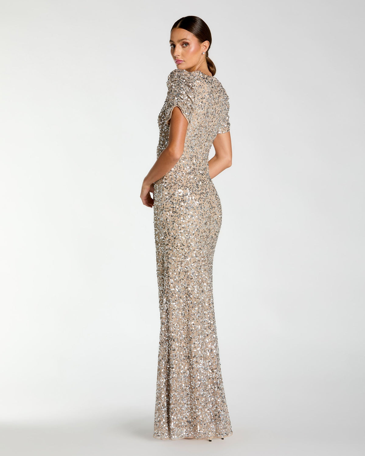 Petite Beige Sequin Trumpet Gown with Puff Sleeves Designer Collection