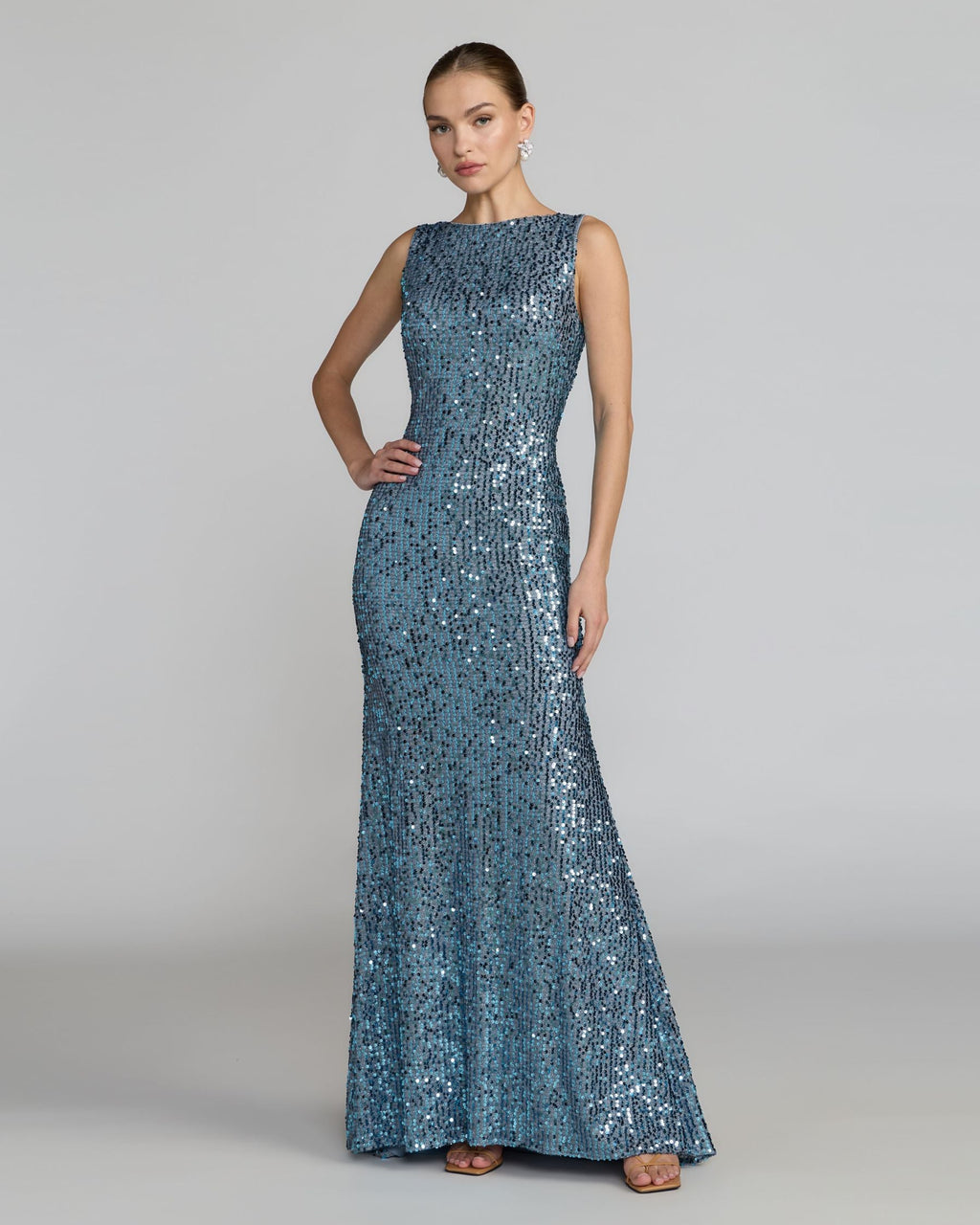 Petite Blue Cowl Back Boat Neck Sequined Evening Gown Contemporary Collection