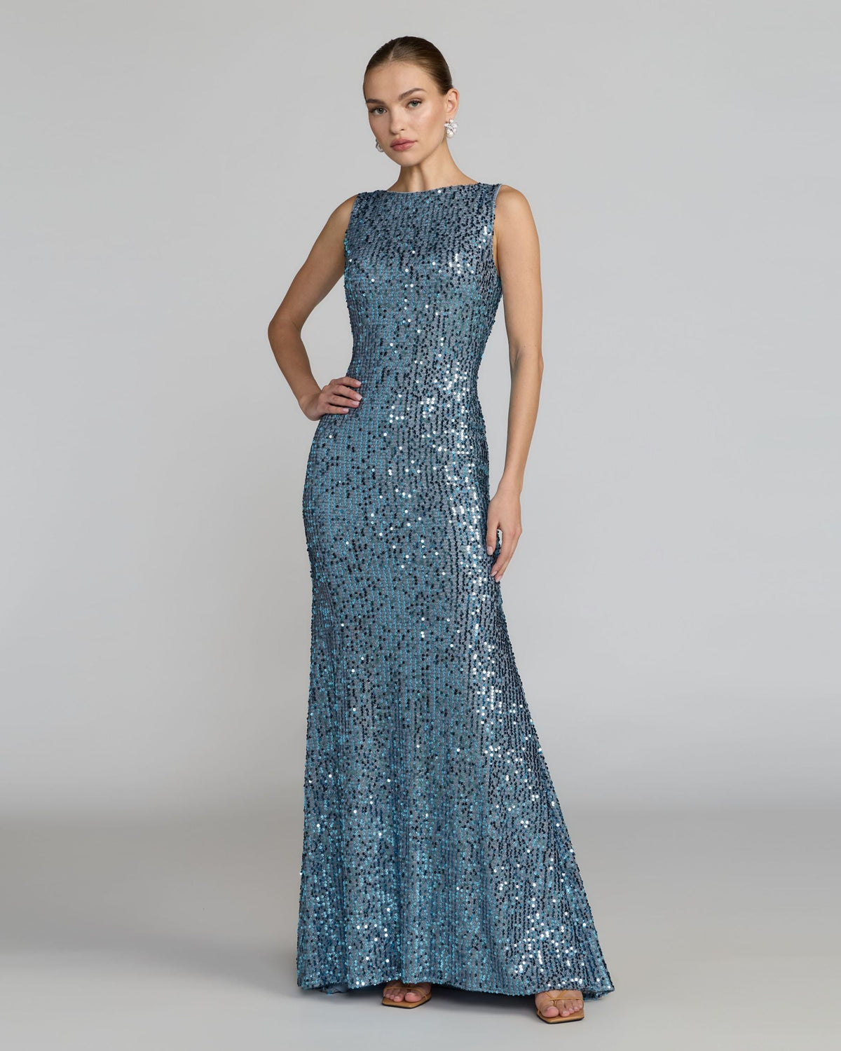Petite Blue Cowl Back Boat Neck Sequined Evening Gown Contemporary Collection