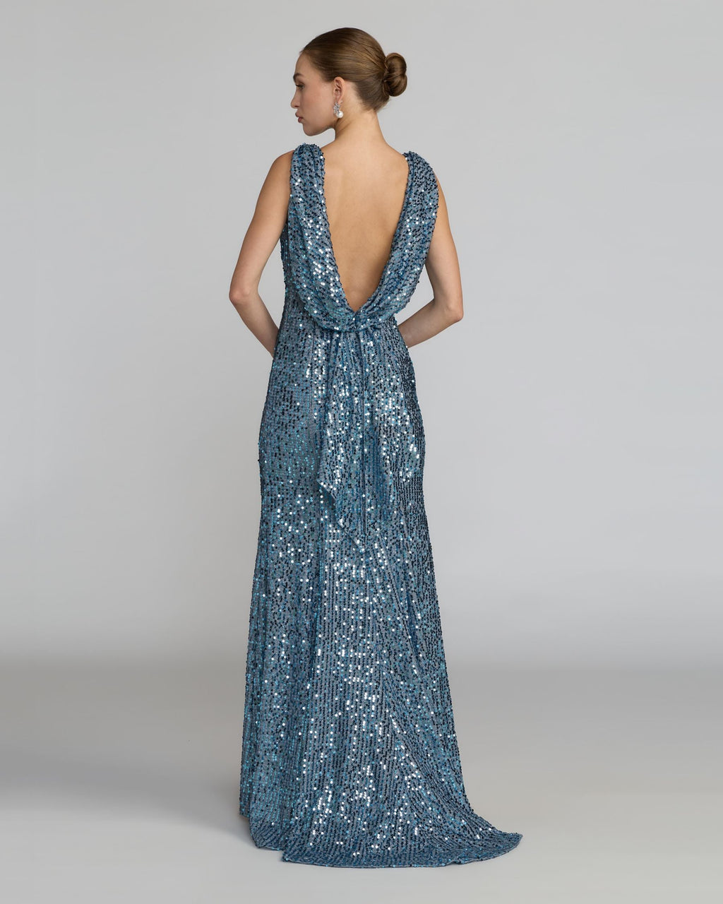 Petite Blue Cowl Back Boat Neck Sequined Evening Gown Contemporary Collection