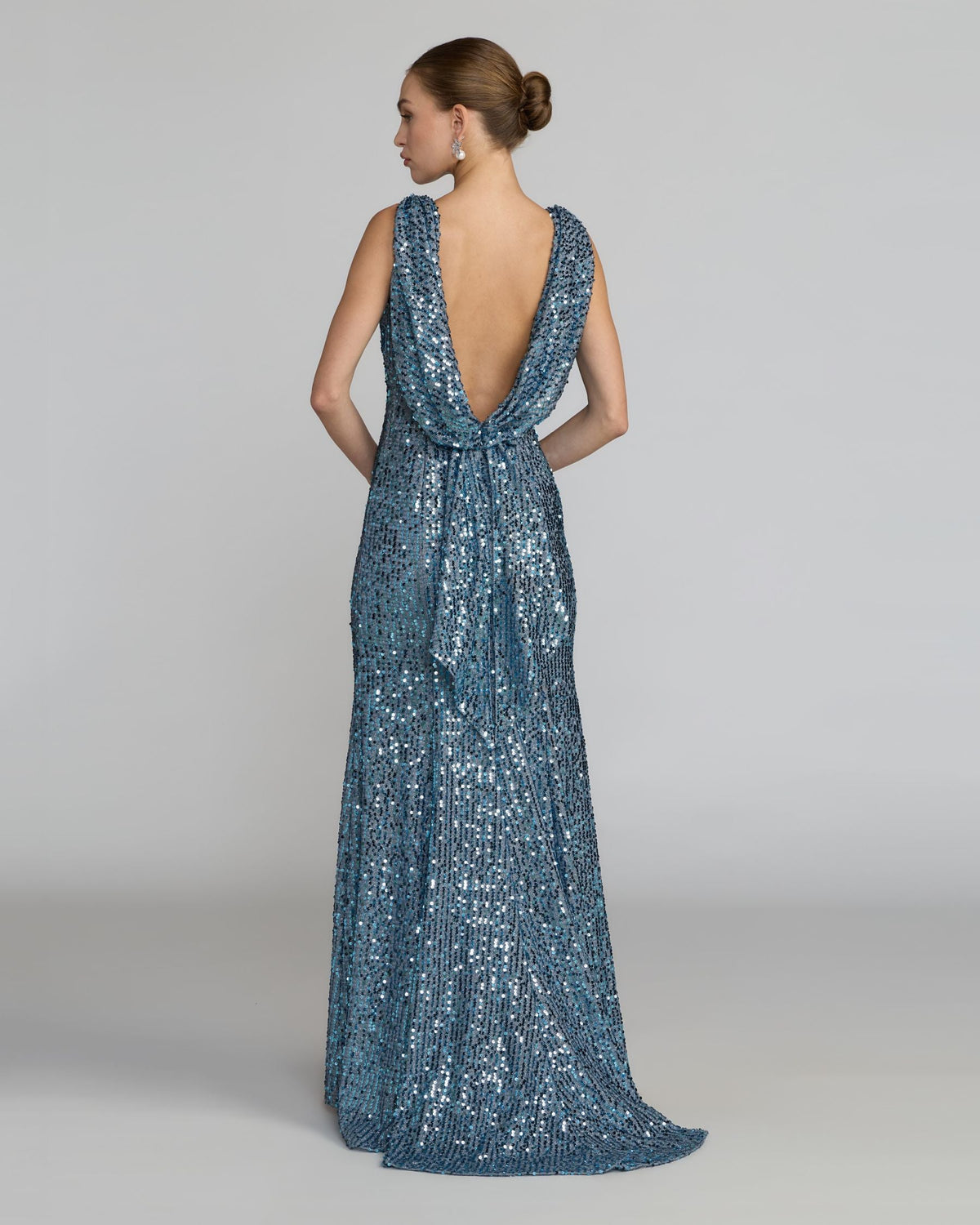Petite Blue Cowl Back Boat Neck Sequined Evening Gown Contemporary Collection