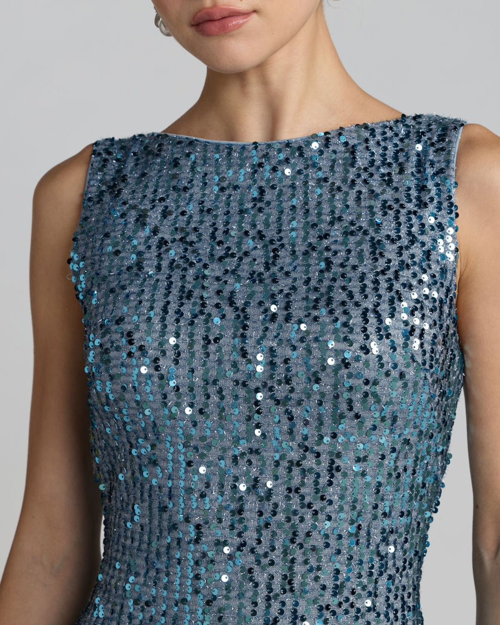 Petite Blue Cowl Back Boat Neck Sequined Evening Gown Contemporary Collection