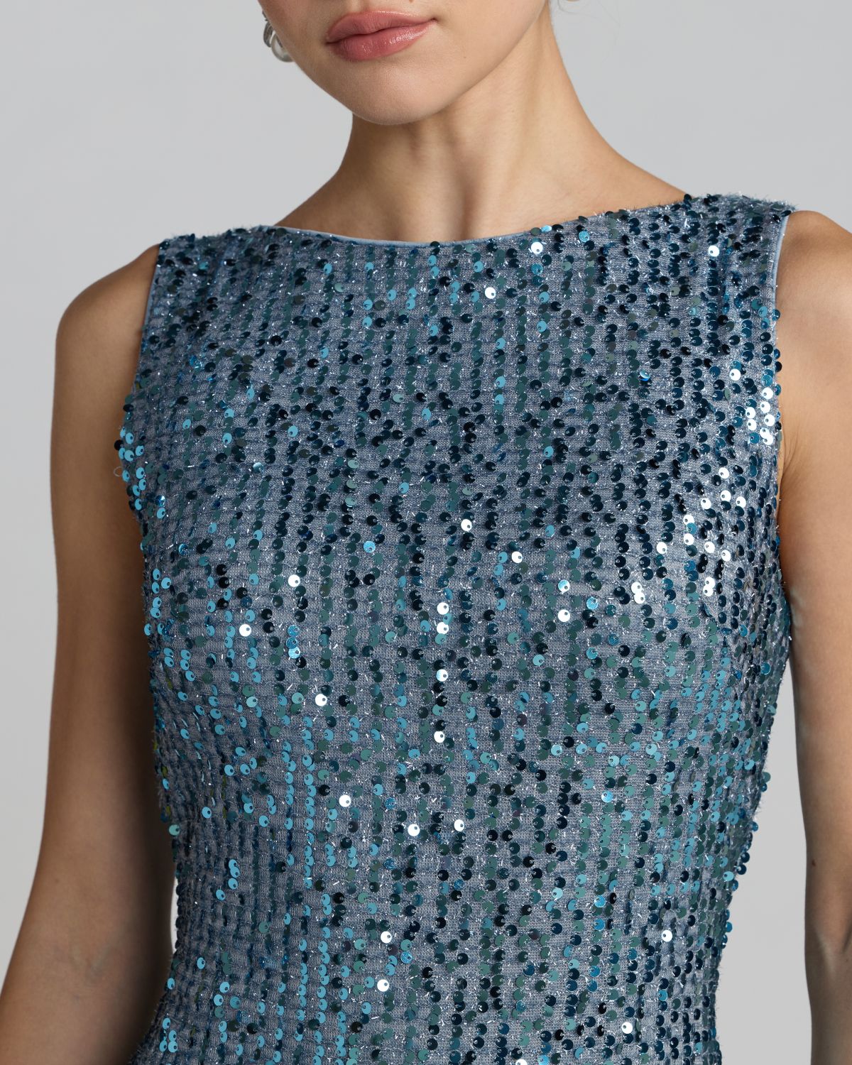 Petite Blue Cowl Back Boat Neck Sequined Evening Gown Contemporary Collection