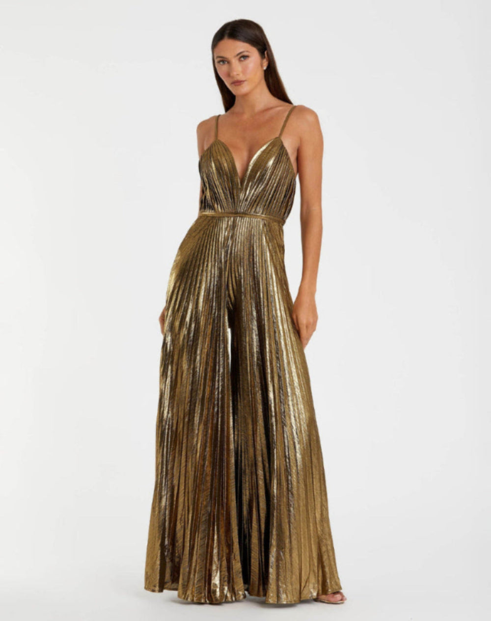 Petite Gold Metallic Pleated V-Neck Jumpsuit - Contemporary Collection