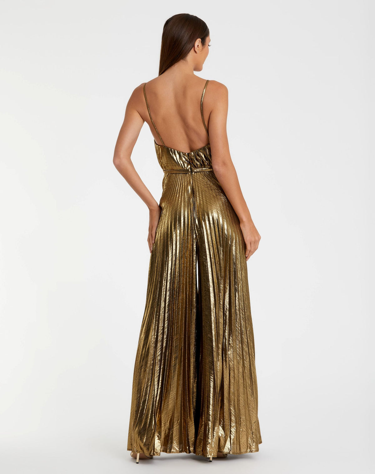 Petite Gold Metallic Pleated V-Neck Jumpsuit - Contemporary Collection