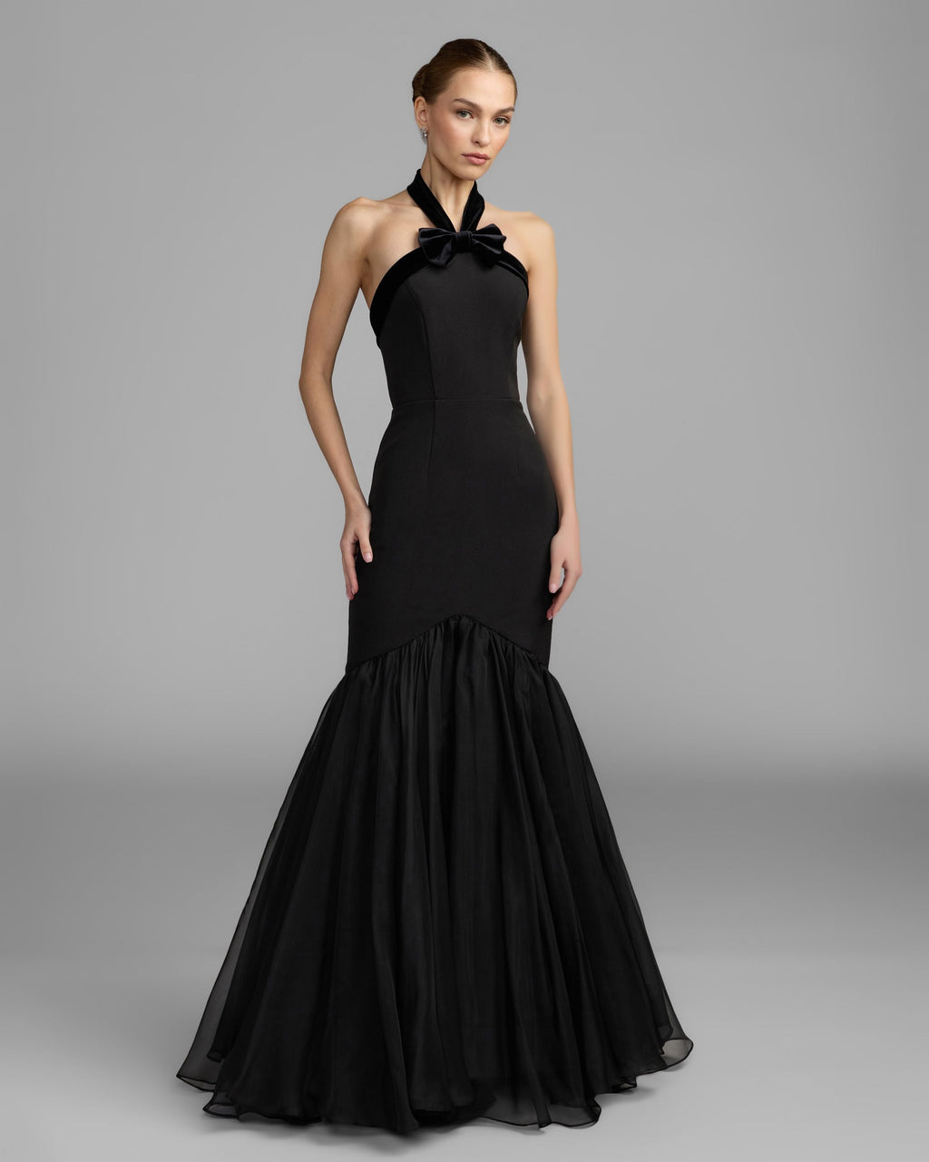 Black Velvet Bow Halter Mermaid Gown Designer Collection
