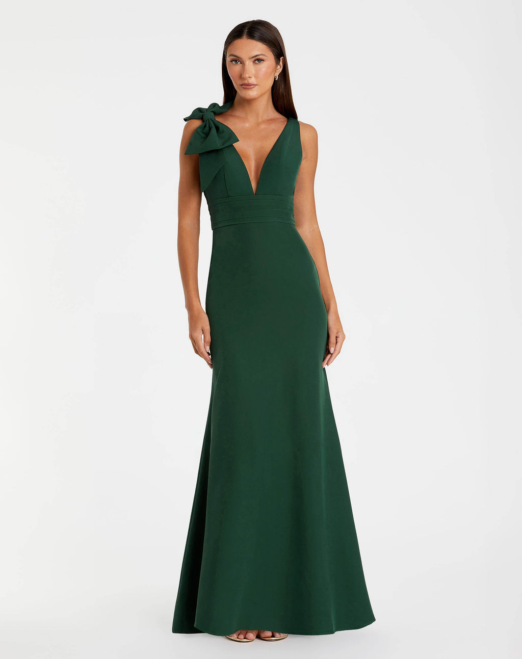 Petite Green Sleeveless V Neck Bow Detail Mermaid Gown Designer Collection