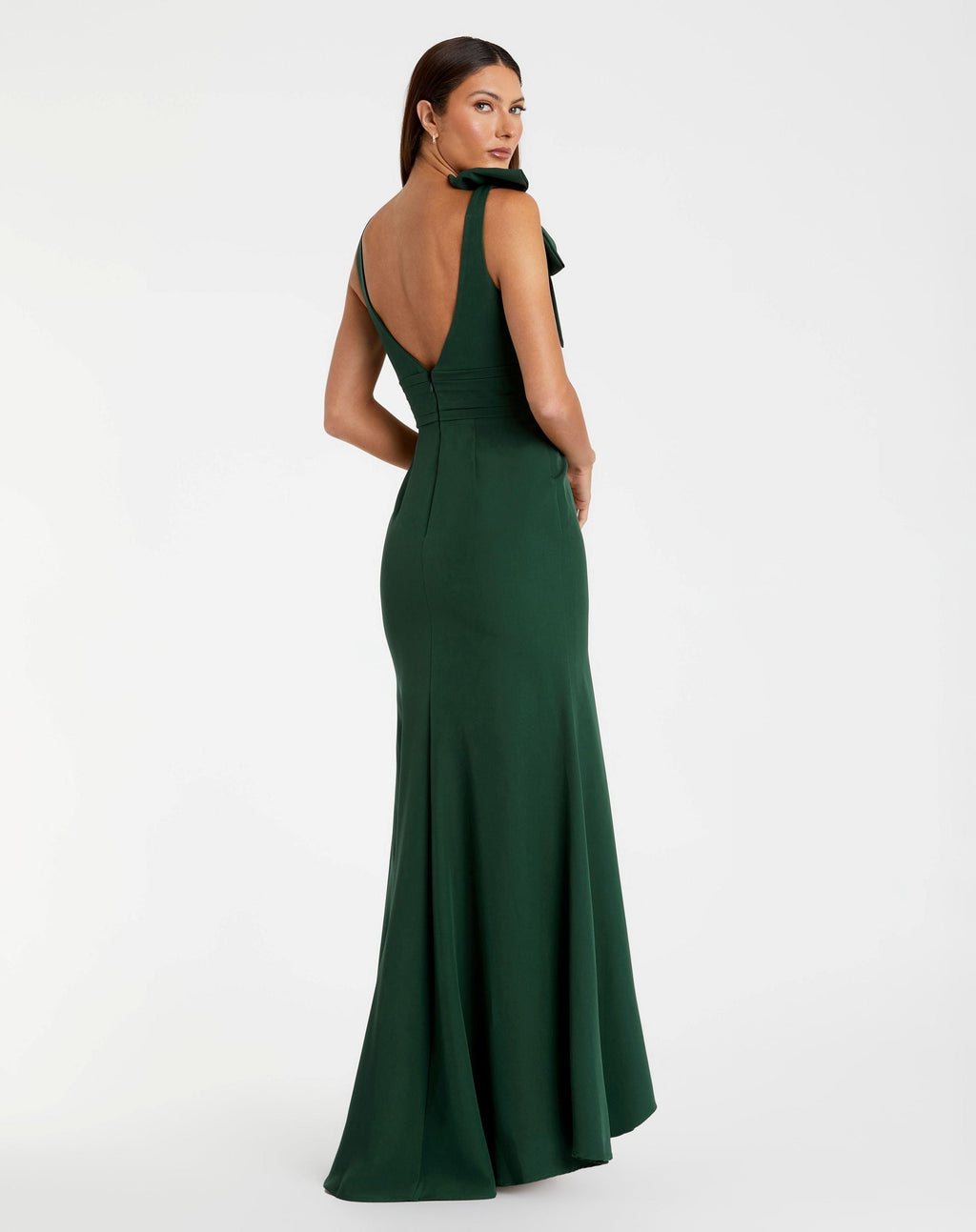 Petite Green Sleeveless V Neck Bow Detail Mermaid Gown Designer Collection